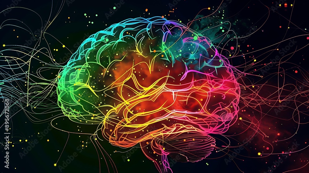 Poster artistic interpretation of a brain's neural connections using colorful lines and dots, showcasing a 