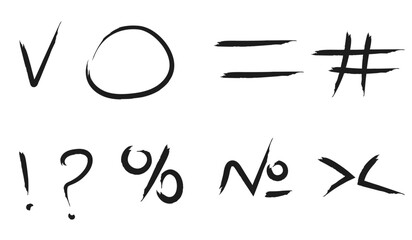a set of black hand-drawn signs: checkmark, circle, grid, straight, exclamation mark, question mark, percentage, number, brackets