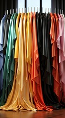 clothes hang on a rack in a clothing store