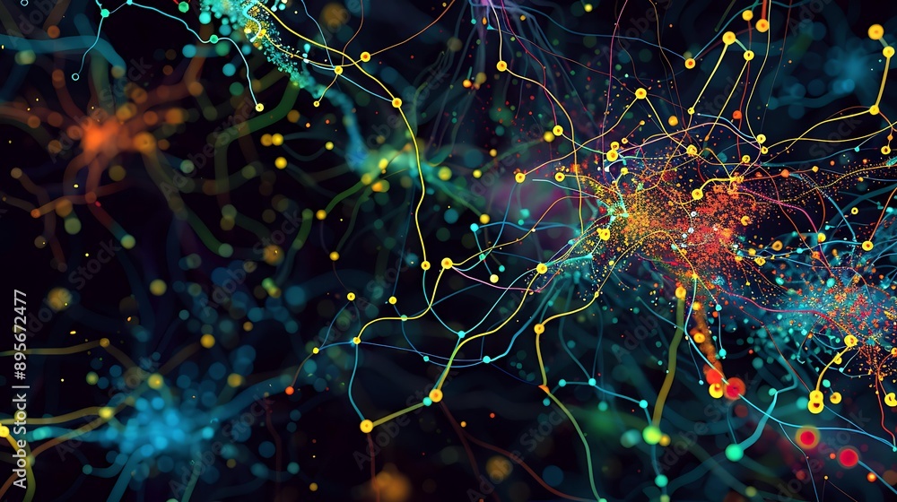Poster artistic interpretation of a brain's neural connections using colorful lines and dots, showcasing a 