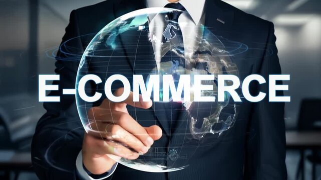 Businessman interacting with digital e-commerce hologram, futuristic online business concept