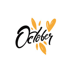 Showcasing October Calligraphy Featuring Autumn Leaves and Hearts for a Seasonal Design