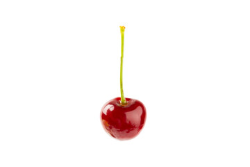 Cherry isolated. Fresh ripe cherries with leaves isolated on a white background.Sweet cherries pile. Berries and fruits. Vegan. Healthy eating.