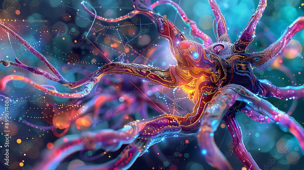 Poster creative depiction of neural pathways with vibrant colors and intricate designs, representing the fu