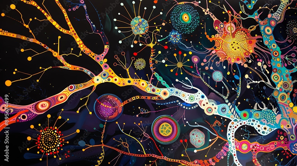 Poster creative depiction of neural pathways with vibrant colors and intricate designs, representing the fu