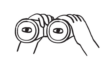 Hands hold binoculars and look through. Vector illustration for search engine or research, web surfing, seo. Doodle outline vector crayon charcoal ink element for web, ui or application design.