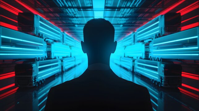 Silhouette of a person standing in a futuristic, neon-lit corridor. The image evokes themes of technology, progress, and the unknown.
