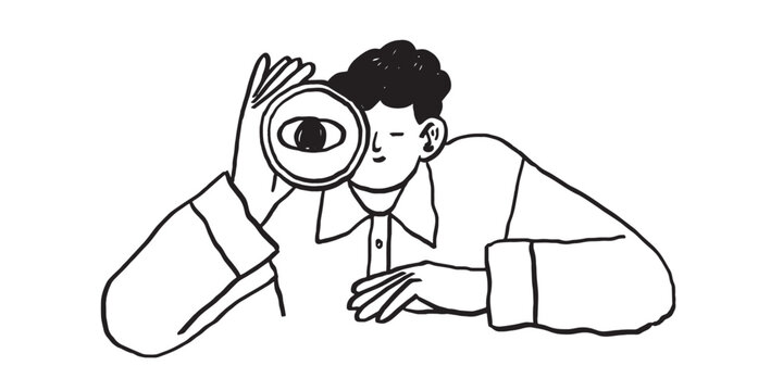 Doodle charcoal drawing of curious man looking through telescope. Business metaphor for search or research, development, web surfing. Trendy outline vector characters for web or ui design.