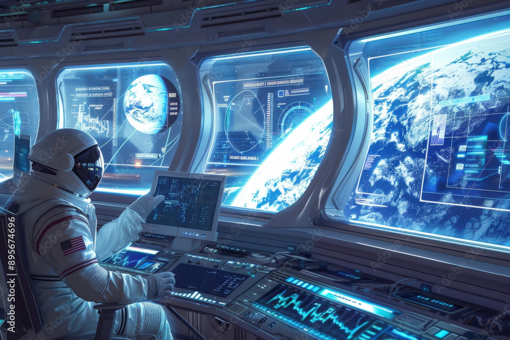 Poster astronaut in a futuristic spacecraft is analyzing data on a control panel while monitoring planet ea
