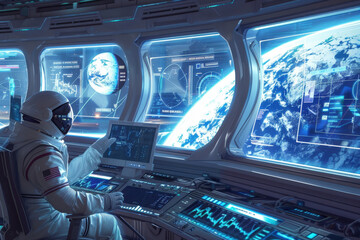 Obraz premium Astronaut in a futuristic spacecraft is analyzing data on a control panel while monitoring planet earth through multiple screens