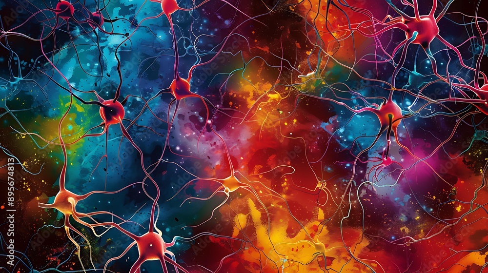 Poster dynamic visualization of interconnected neurons with artistic flair, featuring various colors and ab