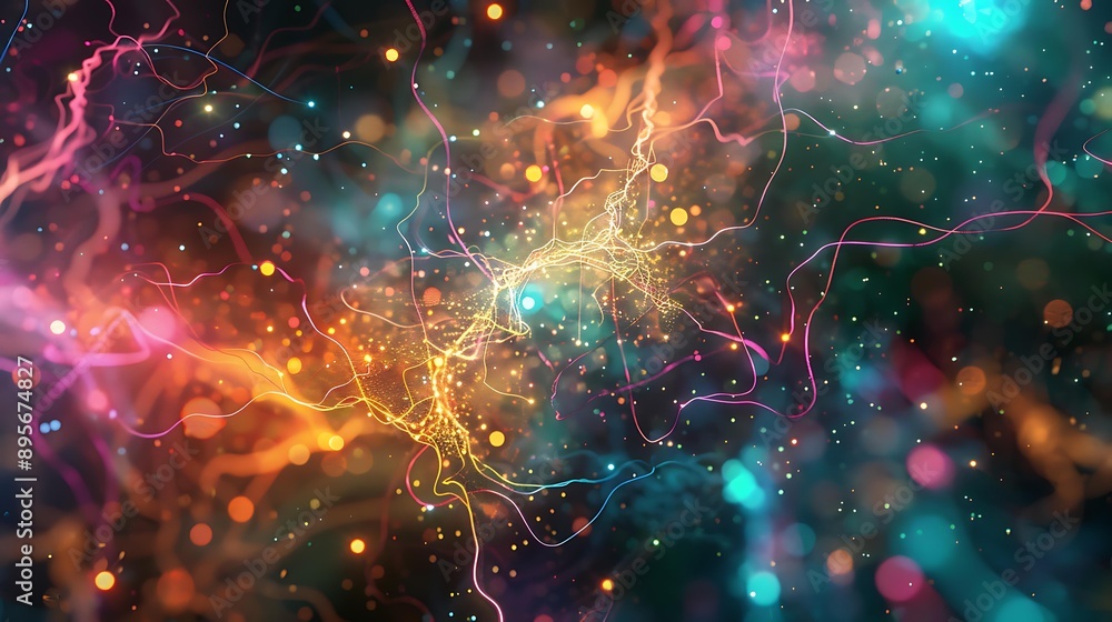 Poster dynamic visualization of interconnected neurons with artistic flair, featuring various colors and ab