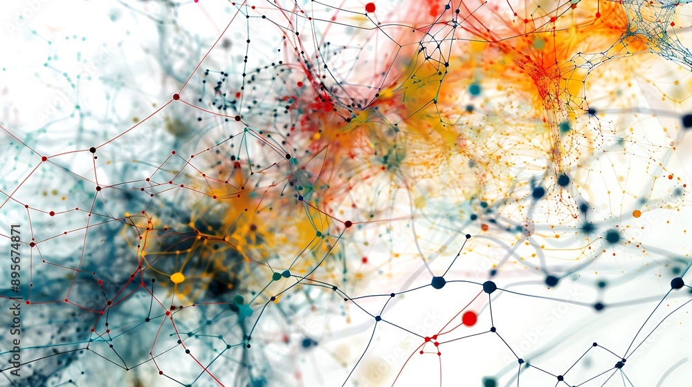 Poster dynamic visualization of interconnected neurons with artistic flair, featuring various colors and ab