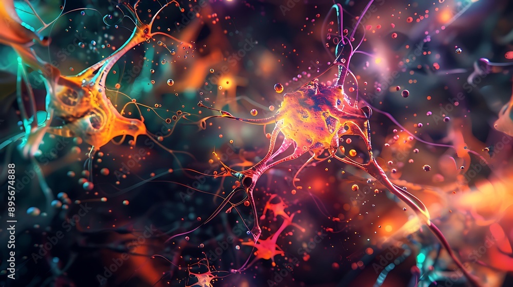 Poster dynamic visualization of interconnected neurons with artistic flair, featuring various colors and ab
