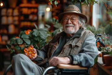 Fototapeta premium An elderly man, smiling warmly, sits comfortably in a wheelchair in a cozy indoor space filled with plants, holding a small plant, symbolizing joy and contentment in old age.