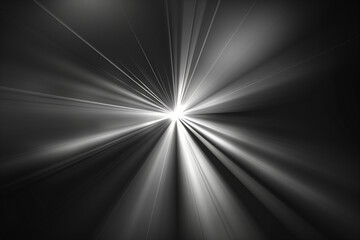 White grey laser beams on black background like shooting future rays. Bright light shining through the darkness.