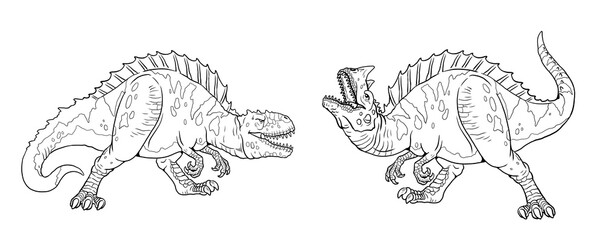 Fighting predatory dinosaurs. Dinosaur template for coloring.