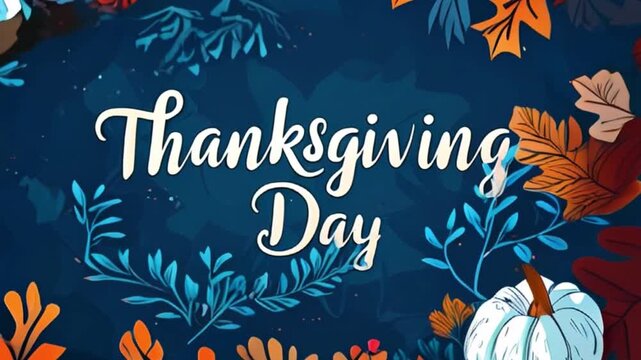 a video postcard with the inscription Thanksgiving Day on a blue background with silhouettes of white pumpkins, orange and yellow oak and maple leaves, as well as red rowan berries around the inscript