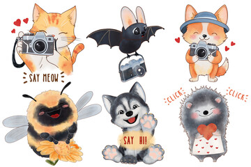 Cute watercolor stickers with animals and cameras: cat, dog, bee, bat, hedgehog Photographer's Day