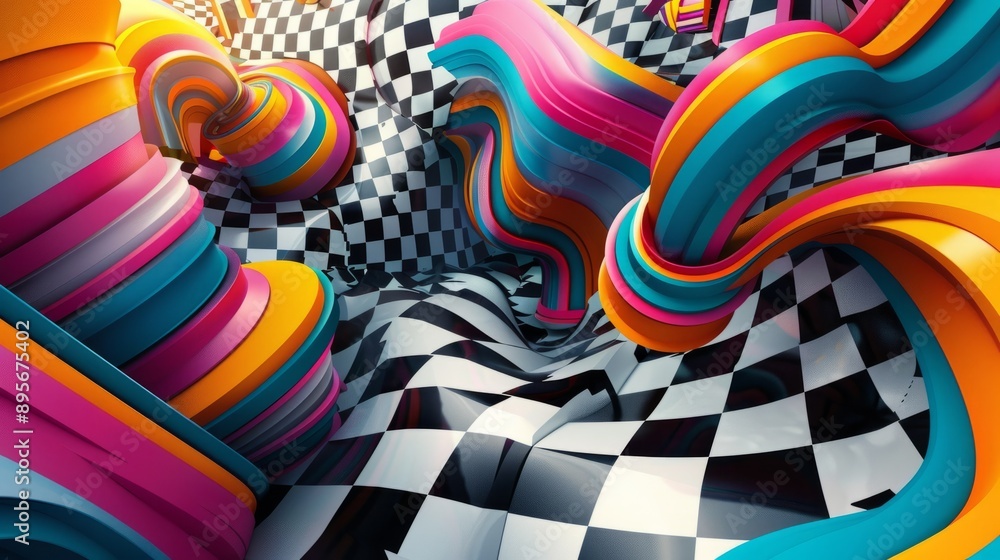 Poster intricate geometric design featuring a series of cubes arranged in an isometric pattern. 