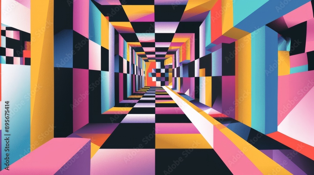 Poster intricate geometric design featuring a series of cubes arranged in an isometric pattern.