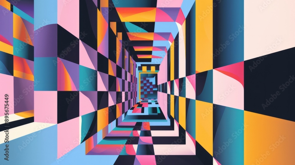 Poster intricate geometric design featuring a series of cubes arranged in an isometric pattern.