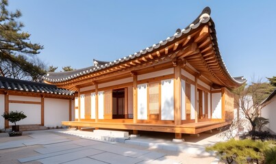 Obraz premium A Hanok house with traditional wooden architecture, Generative AI