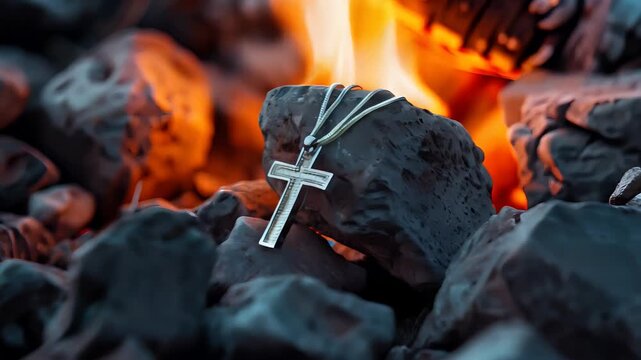 Christian symbol : Silver Cross Necklace on Stone with Dramatic Fire Background