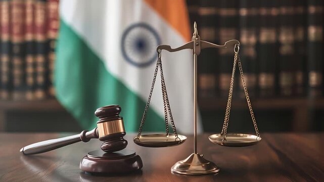 Justice Scale and Judge's Gavel with Indian Flag in the Background