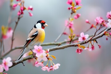 A charming image of a European goldfinch perched on a blooming cherry tree branch.