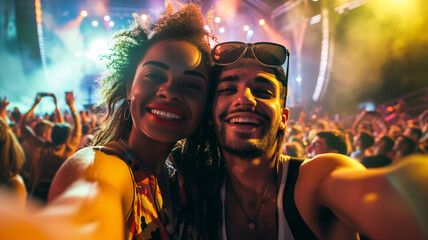 Joyful couple enjoying a vibrant music festival at night, capturing a moment of fun and connection.