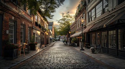 Fototapeta premium Historic City Street: A charming historic city street with cobblestone pavement, old buildings, and street lamps. The setting should evoke a sense of history and nostalgia.