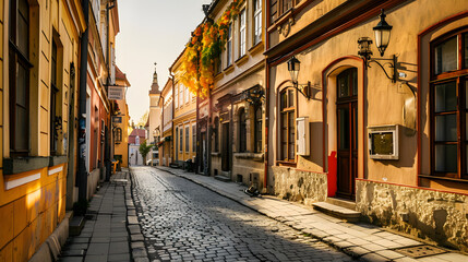 Fototapeta premium Historic City Street: A charming historic city street with cobblestone pavement, old buildings, and street lamps. The setting should evoke a sense of history and nostalgia.