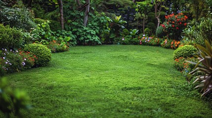 Obraz premium No one in the park's backyard design, featuring a flowerbed of plants near a lush green lawn with flowers and bushes, creating a picturesque scene with copy space image available