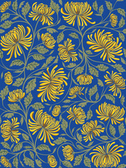 Hand drawn seamless pattern with beautiful chrysanthemums and leaves. Vector illustration, retro style. Can be used for embroidering flowers, wallpaper, etc.