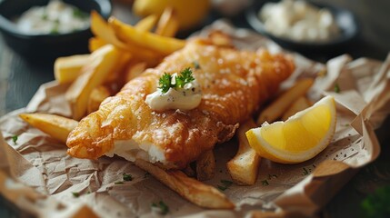 a fish and chips on a plate with a lemon wedge