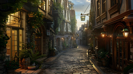 Fototapeta premium Historic City Street: A charming historic city street with cobblestone pavement, old buildings, and street lamps. The setting should evoke a sense of history and nostalgia.