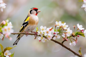 A charming image of a European goldfinch perched on a blooming cherry tree branch.