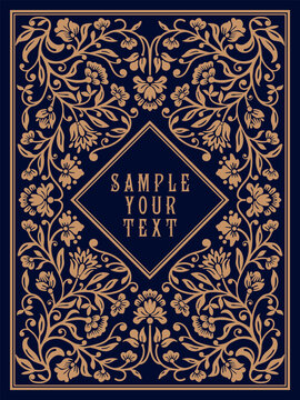 Antique frame in Art Nouveau style with a pattern of flowers, buds, leaves and branches. Vintage style concept. Handmade drawing vector illustration. 