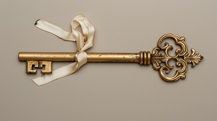an antique golden key with a ribbon - top view on plain background