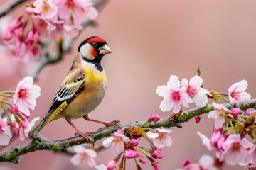 Obraz premium A charming image of a European goldfinch perched on a blooming cherry tree branch.