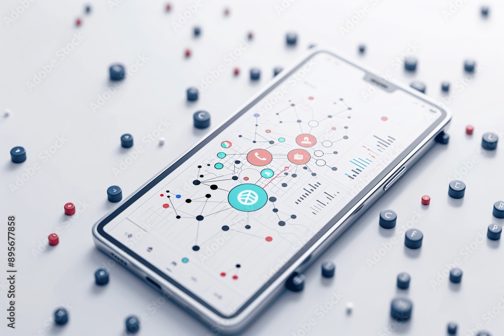 Poster professional setting with a smartphone displaying social media icons and data analytics