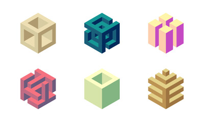 Cube logo, geometric vector design. Set box logotype company, trendy techno emblem in isometric 3D style.