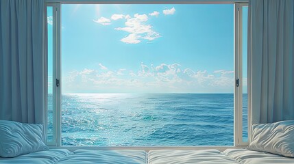 Fototapeta premium Open window view of the sea good weather summer. Creative banner. Copyspace image