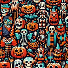 Fototapeta premium A repeating pattern of colorful, stylized Halloween characters and creatures on a dark background, with a vintage cartoon aesthetic..Concept: Retro Halloween Cartoon Pattern