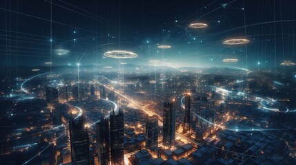Digital society of future. Modern technological city. AI generated.