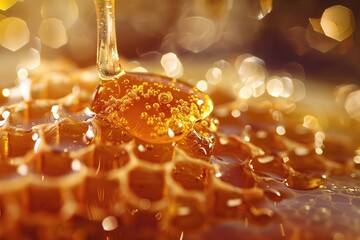 Close-up of golden honey dripping from a honeycomb