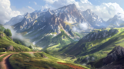 Scenic Mountain Road: A winding mountain road with breathtaking views of the surrounding peaks and valleys. The image should capture the sense of adventure and natural beauty.


