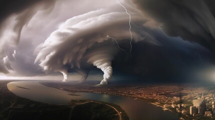 Destructive tornado funnel, natural cataclysm disaster. AI generated.