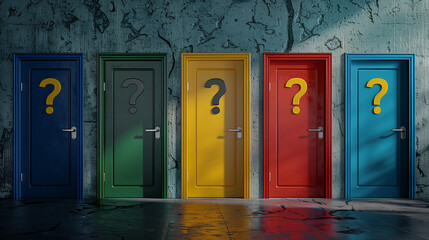 Doors in five colors, each with a question mark. They symbolize the different paths and options...